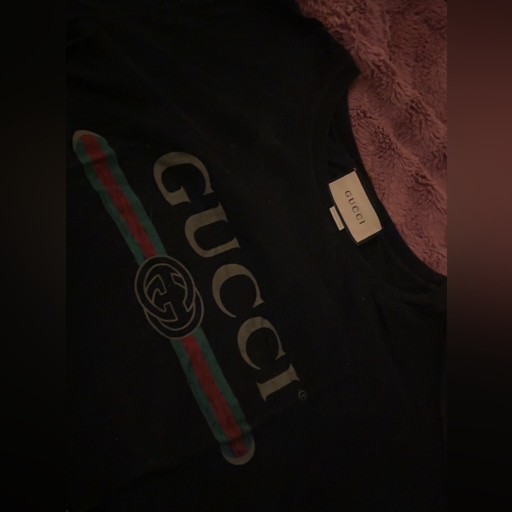 Gucci Black Tee with Red & Green Stripe Logo